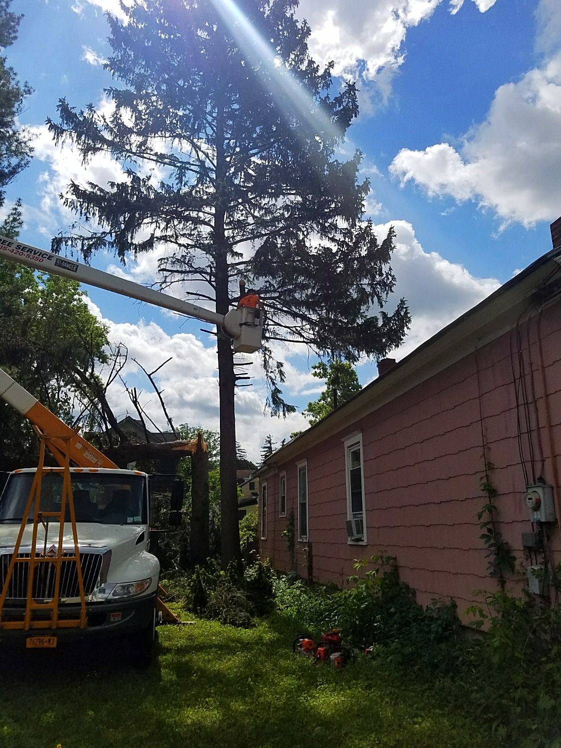 Trimming branches from large tree near house using a bucket truck